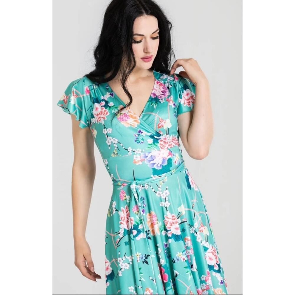 Hell Bunny Midori Dress XL Stretch Jersey Midi Mint Green Floral Bird A Line